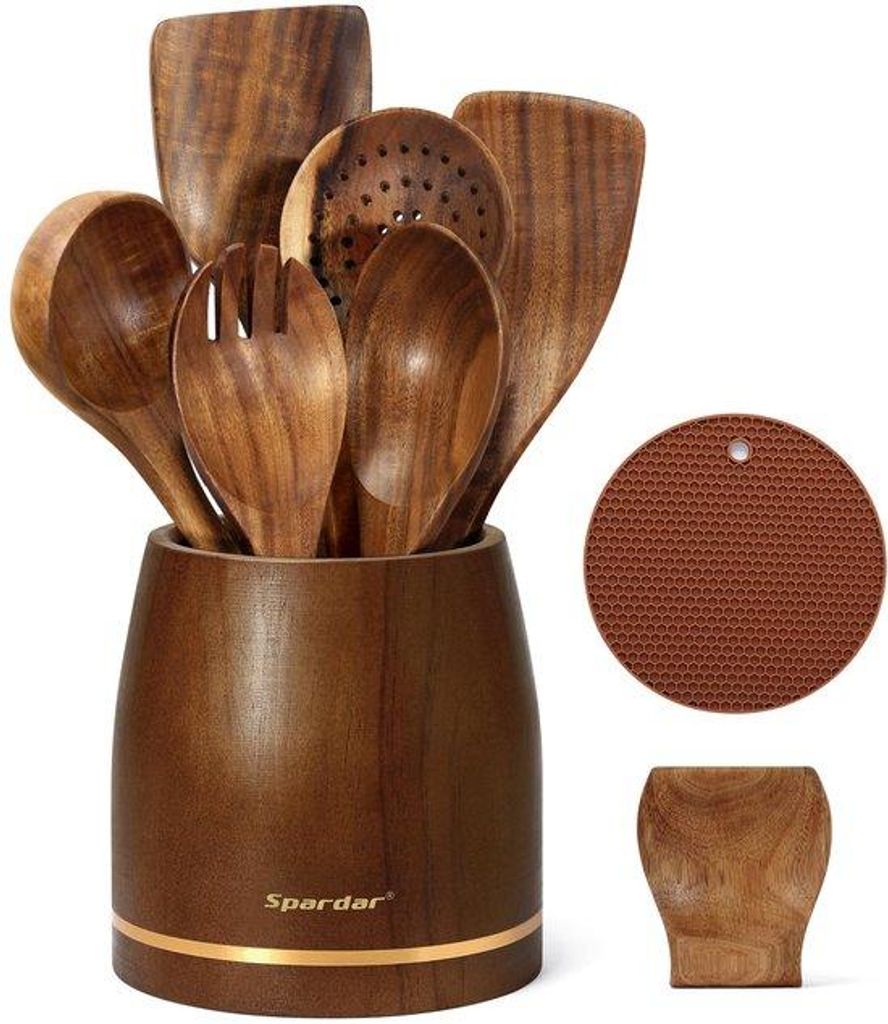 Holz-Kochutensatz, 9-teiliges Teakholz-Löffelset mit 6 Holz-Löffeln, Löffelhalter, 10,8 cm Besteckschubfach und Pfannenabdeckung für Küchendek...