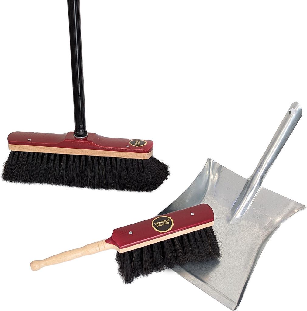 Kehrset 4-teilig – Besen & Stiel, Handfeger & Metall-Kehrschaufel, Rosshaar