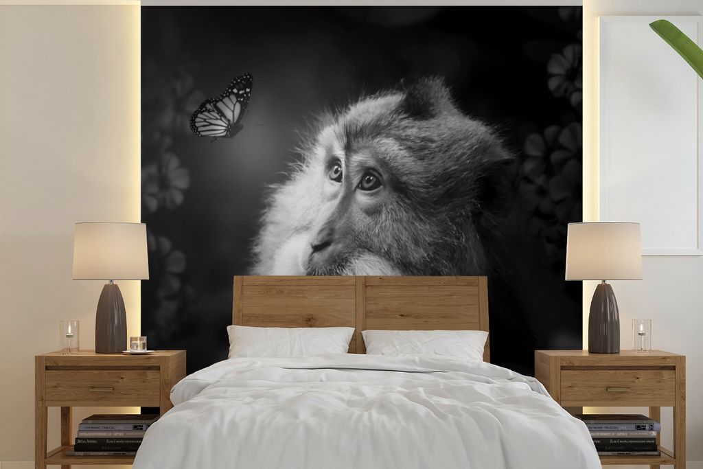 MuchoWow Fototapete für Wohnzimmer oder Schlafzimmer Wandtapete Vinyl Motivtapete Schmetterling - Affe - Natur - Schwarz - Weiß - 220x220 cm - ...