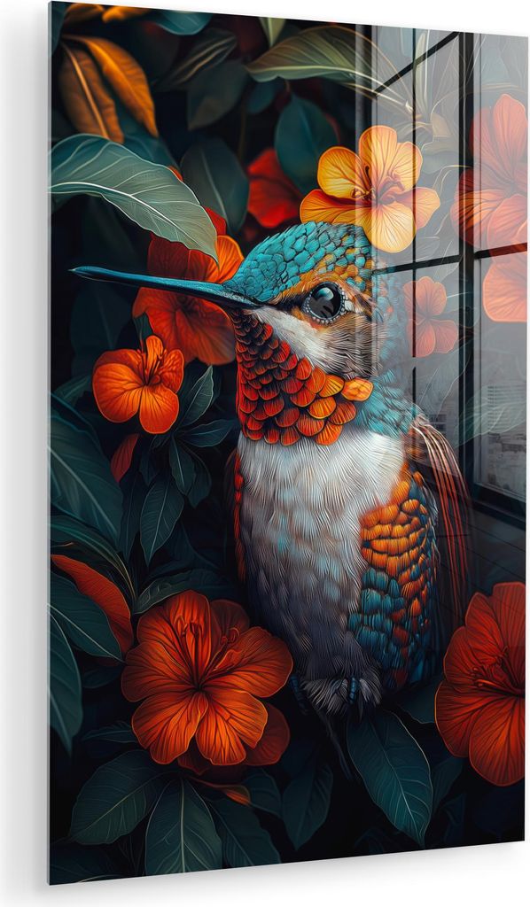 MuchoWow Glasbilder - Bilder auf Wandbild - Foto auf Glas Kolibri - Vogel - Bunt - Orangefarbene Blumen 80x120 cm Wanddekoration aus Glas - Acrylgl...