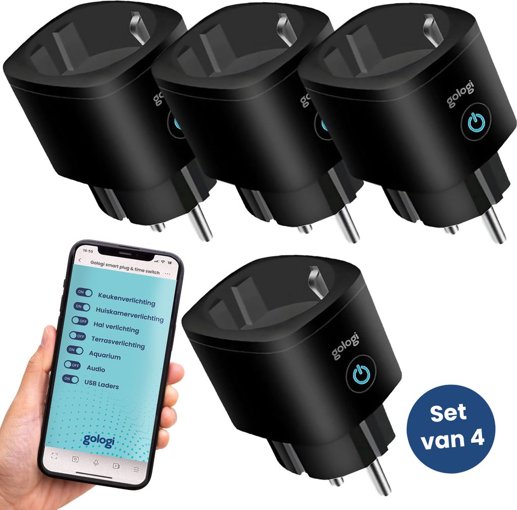 Gologi Smart Stecker - Intelligenter Stecker - Timer & Energiezähler - WiFi - Kompatibel mit Google Home & Amazon Alexa - 4 Stück - Schwarz