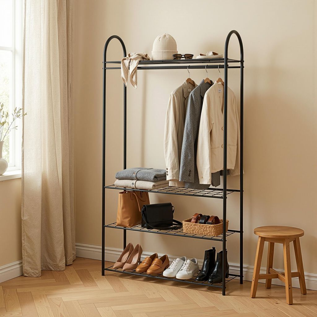 Kleiderständer mit 4 Ablagen, Offener Kleiderschrank Garderobenständer freistehend Schwarz Metall, Bogen-Design Skandi-Industrial, Schlafzimmer