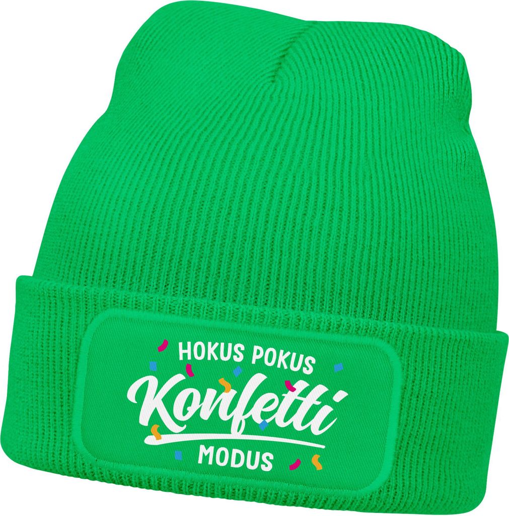 Herren Beanie Patch Strickmütze Spruch Konfetti Modus Aufdruck Fasching Karneval Lustig Mütze Männer Moonworks