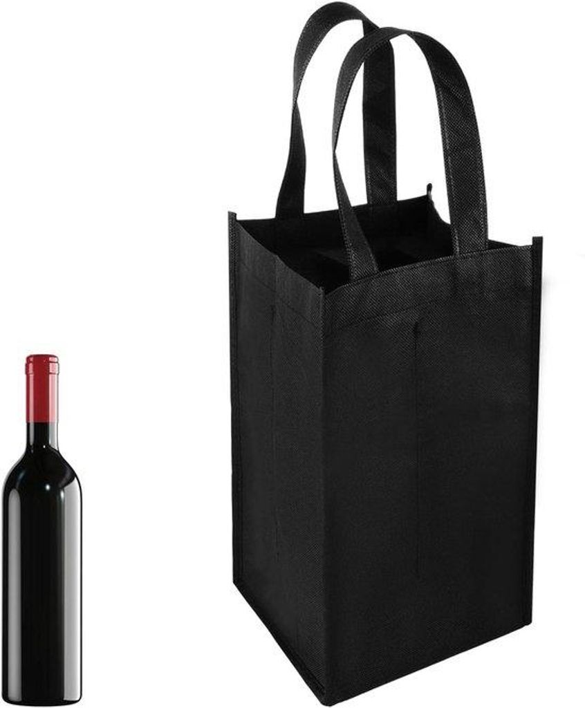 Reise- und Geschenkset für 4 Flaschen - Alleswetter - Tragetasche mit Bodenplatte - Schwarz - Wiederverwendbar - Für Weinliebhaber