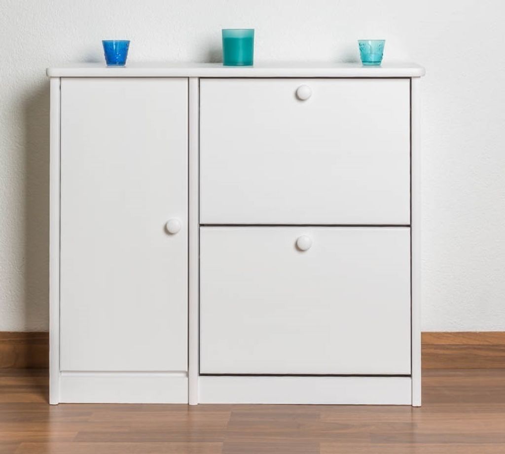 Schuhschrank Kiefer Vollholz massiv weiß lackiert Junco 219 - Abmessung 80 x 90 x 30 cm