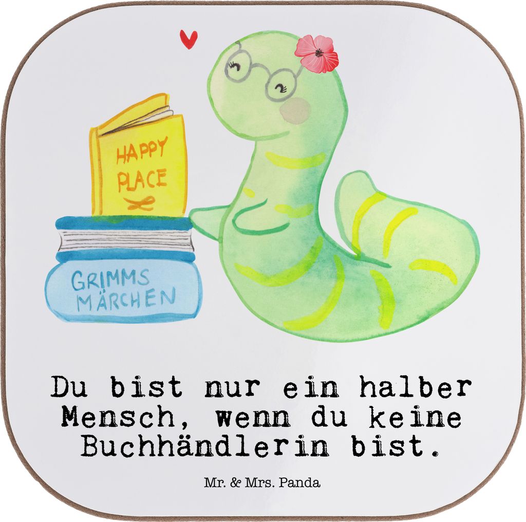 Mr. & Mrs. Panda Untersetzer für Gläser Buchhändlerin Herz - Weiß - Geschenk, Glas, Witzig, Coaster, Spruch, gläseruntersetzer, Bücherwurm, F...