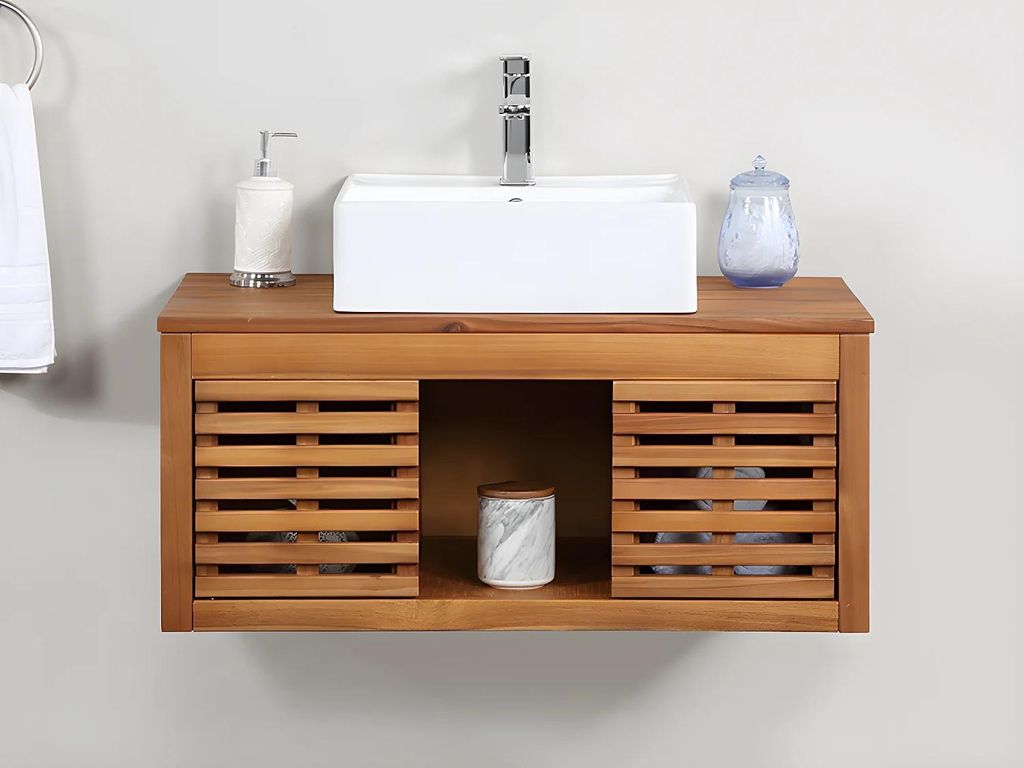 Akazienholz-Wandbadezimmerschrank mit Einzelwaschbecken - 90 cm - PENEBEL