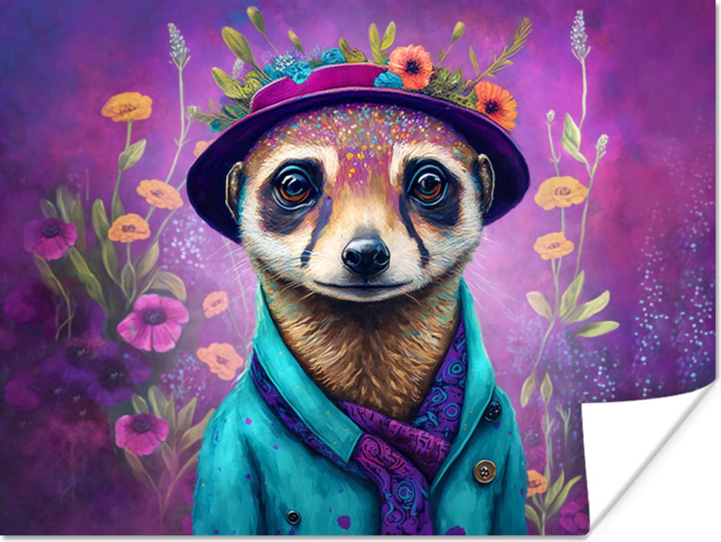 MuchoWow Poster Erdmännchen - Blumen - Farbe - Lila - Porträt 80x60 cm - Kunst für zu Hause