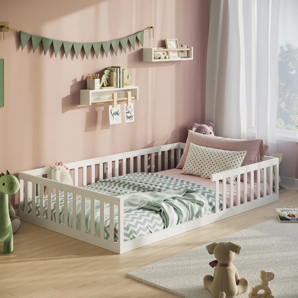 Lit enfant Montessori 120x200 blanc avec barrière de sécurité bois