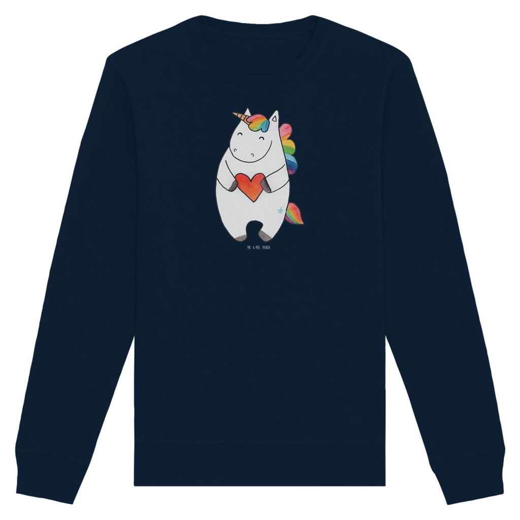 Mr. & Mrs. Panda Rundhals Sweatshirt Einhorn Herz Größe L - French Navy - Geschenk, Baumwoll Pullover, böse, Sweater, Unicorn, Einhörner, Bio-P...
