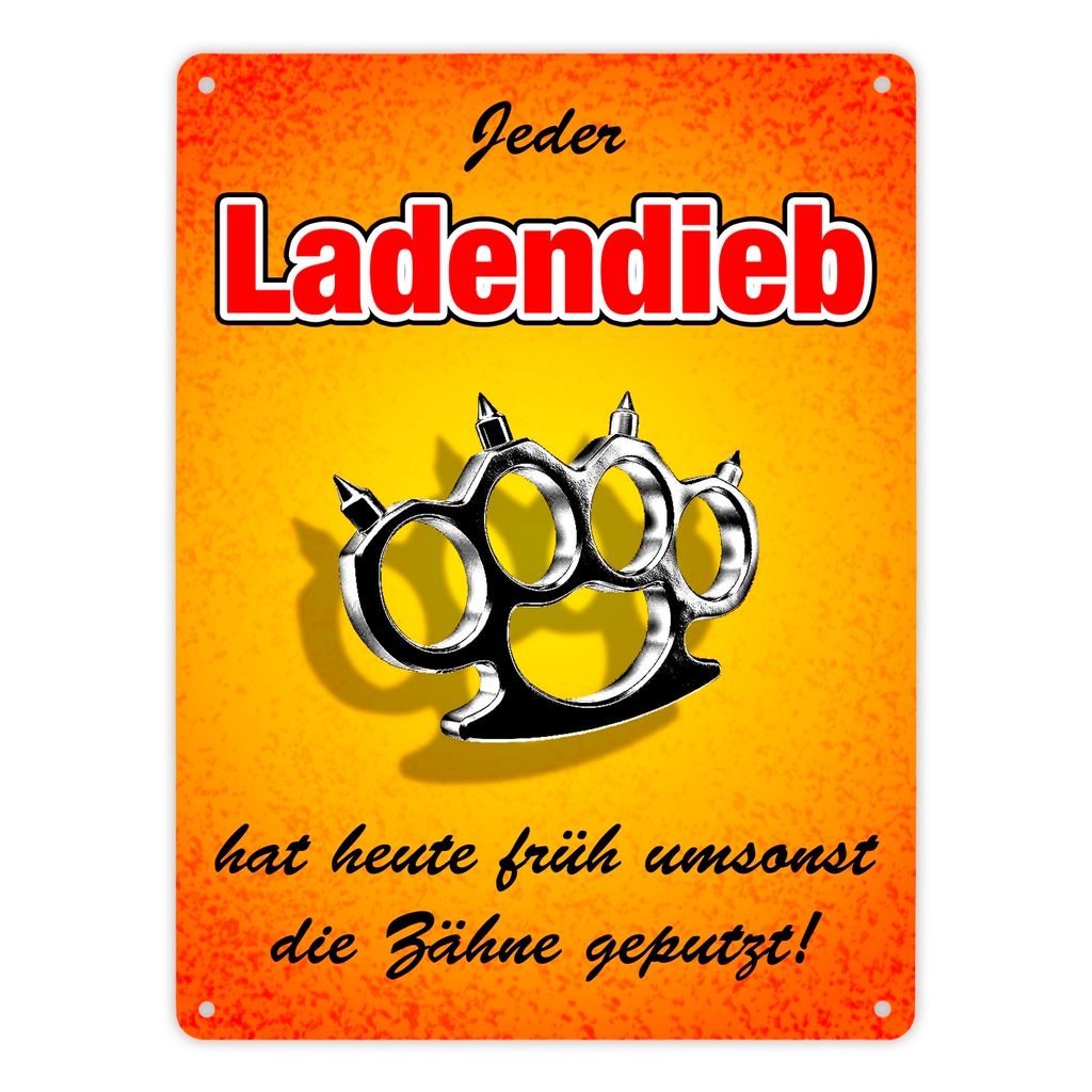 Metallschild XL in 21x28 cm Abschreckung für Ladendiebe mit Schlagring Symbol