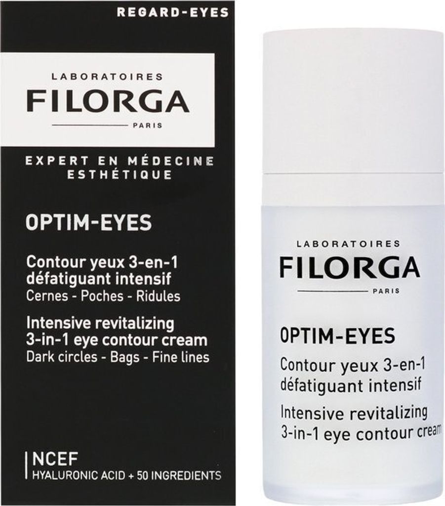 A product shot of a Filorga Optim-Eyes eye contour cream box and bottle.