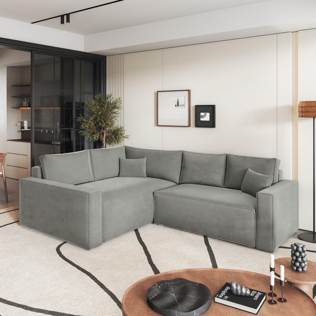 Masseno Ecksofa ERONIS L-S mit Schlaffunktion L-Form, Sofa mit Bettkasten, Wohnzimmersofa, Couch, Soffa, Bettsofa, Couchgarnitur- Hellgrau, MONOLIT...