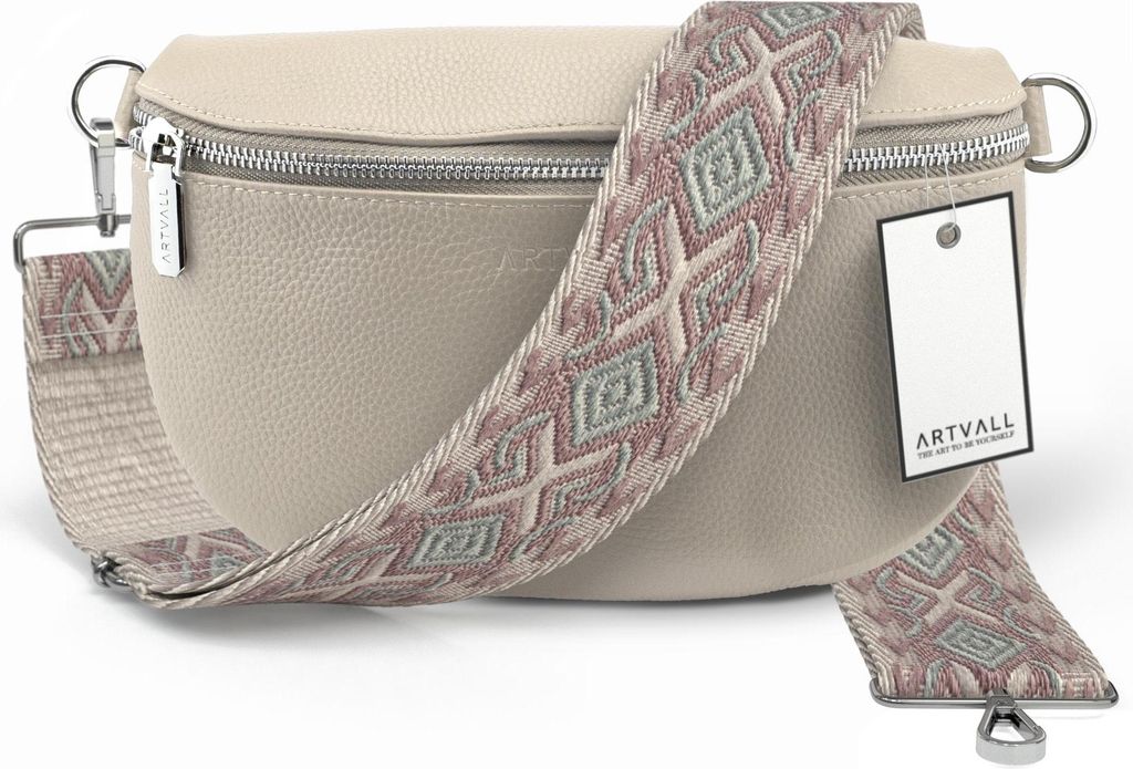 ARTVALL - Umhängetasche aus Leder, Klein mit verstellbarem Schultergurt, abnehmbares Taschenband, Crossbody Bag in Beige