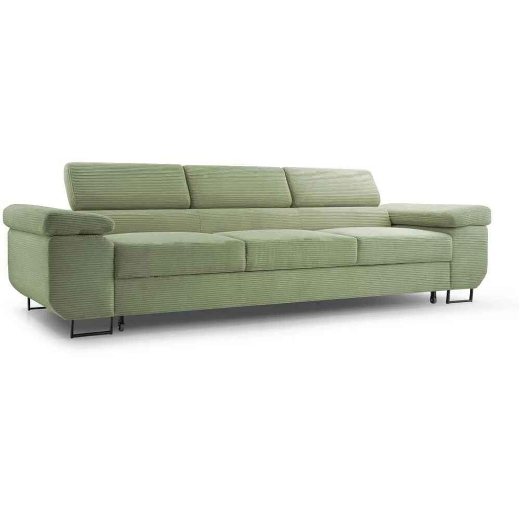 A light green sofa with a textured fabric and black legs, shown from a side-angle against a white background.