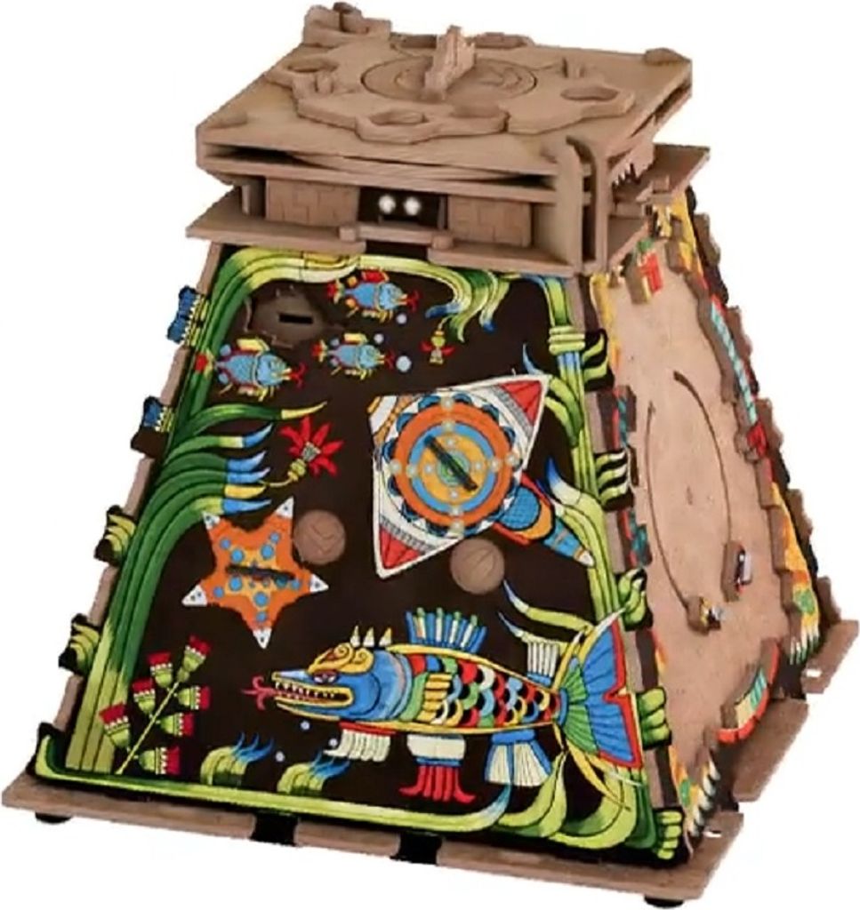 A 3D puzzle box shaped like a pyramid with intricate designs.