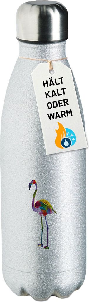 Huuraa Sportflasche Flamingo Colorful Geschenk 500ml Silver Wasserflasche Flamingo Überraschung