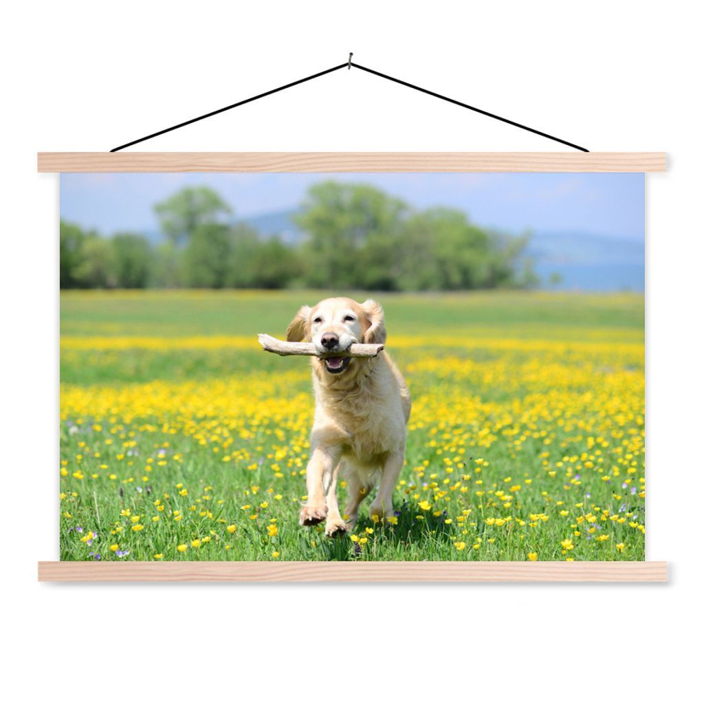 MuchoWow Textilposter Golden Retriever mit einem Zweig im Maul zwischen gelben Blumen 120x80 cm mit holzfarbenen Rahmen - Aufhängeset