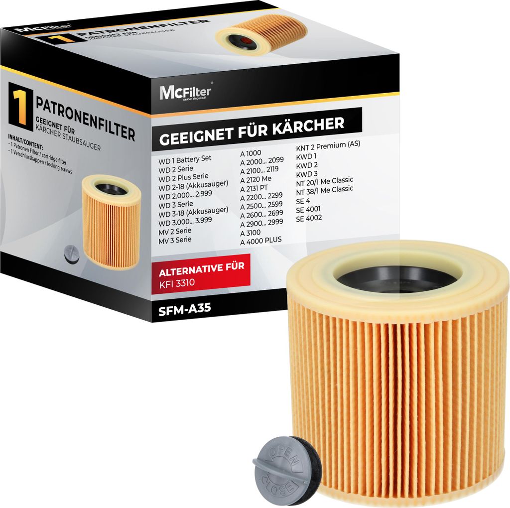 McFilter | 1x Patronenfilter f. Kärcher Staubsauger WD2, WD3, MV3, A-Serie, SE 4001/4002, ersetzt Kärcher Filter 6.414-552.0, 6.414-772.0, 6.414-...