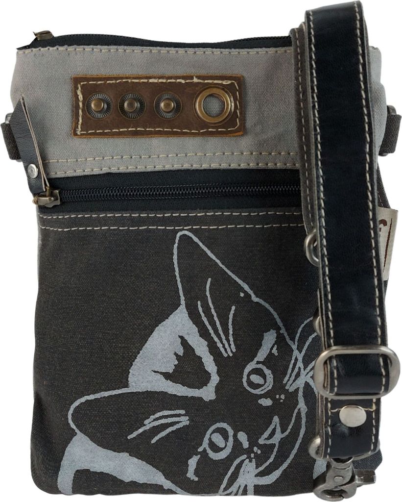 Damen Tasche Umhängetasche, Handtasche aus Canvas & Leder. Nachhaltige Produkte, Groß Vintage, Schultertasche, Katzenmotiv Crossbody