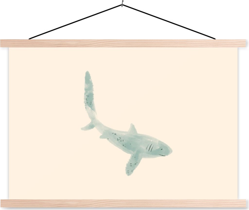 MuchoWow Textilposter Fisch - Meer - Grau - Aquarell 120x80 cm mit holzfarbenen Rahmen - Aufhängeset