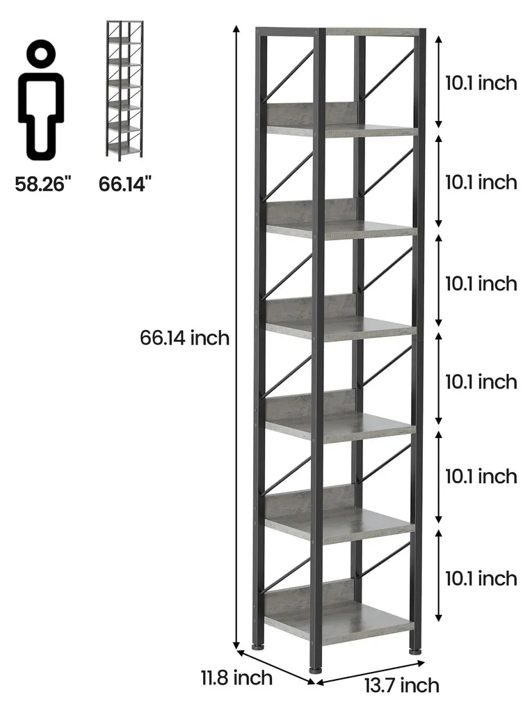 Bibliothèque minimaliste 7 niveaux en bois et métal - Modèle gris
