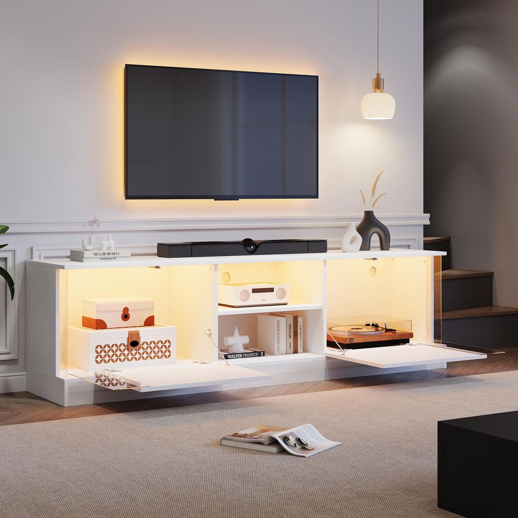 Sweiko Weißer Hochglanz-TV-Schrank, geeignet für Fernseher bis 70 Zoll, bodenstehender TV-Ständer, Wohnzimmer-TV-Schrank mit LED-Aufbewahrungsfu...