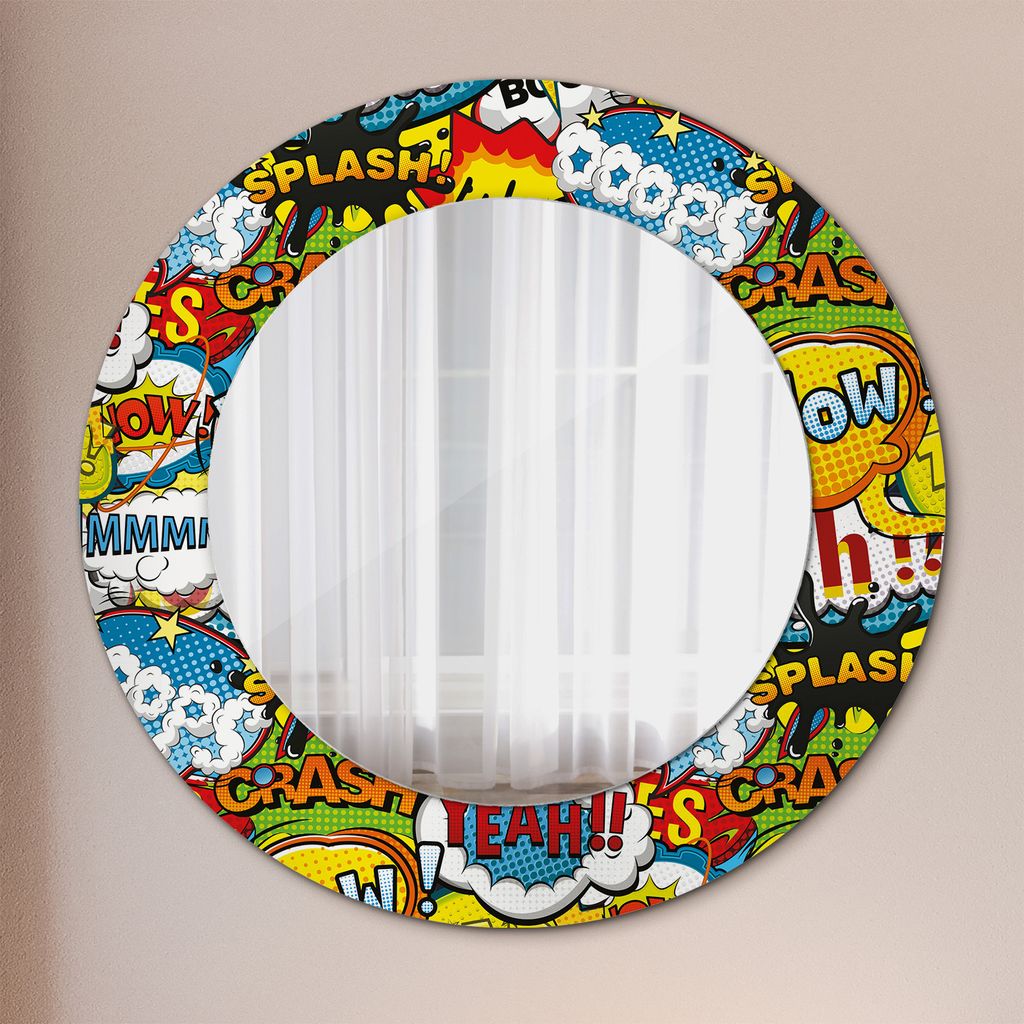 Ø50cm Spiegel - Glasrahmen mit Aufdruck - Wandspiegel Schlafzimmer - Comics Stil Muster
