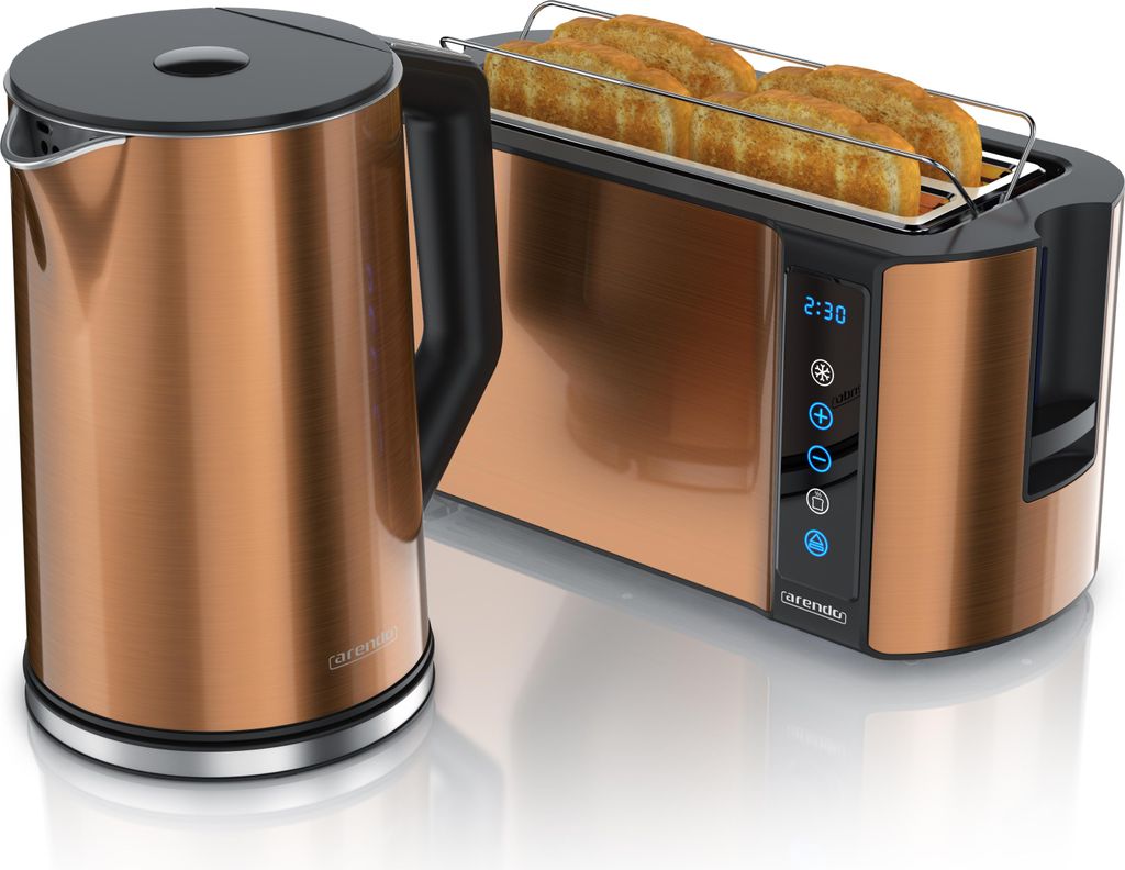 Arendo Frühstücks-Set Edelstahl, Wasserkocher mit Temperatureinstellung 1,5l, 4 Scheiben Langschlitztoaster, 4 Scheiben Toaster, Brötchenaufsatz...