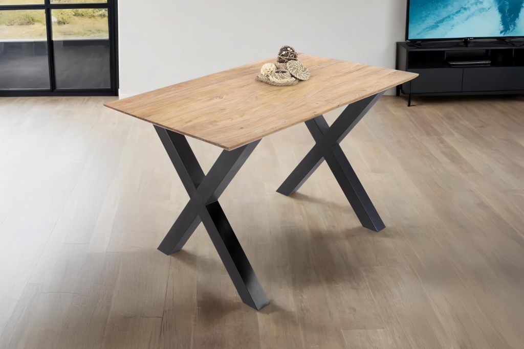 Esstisch 120 x 80 cm Dean, Massivholztisch Eiche, Schweizer Kante, Esszimmertisch mit X-Gestell aus Metall Schwarz, pflegeleichter Holztisch