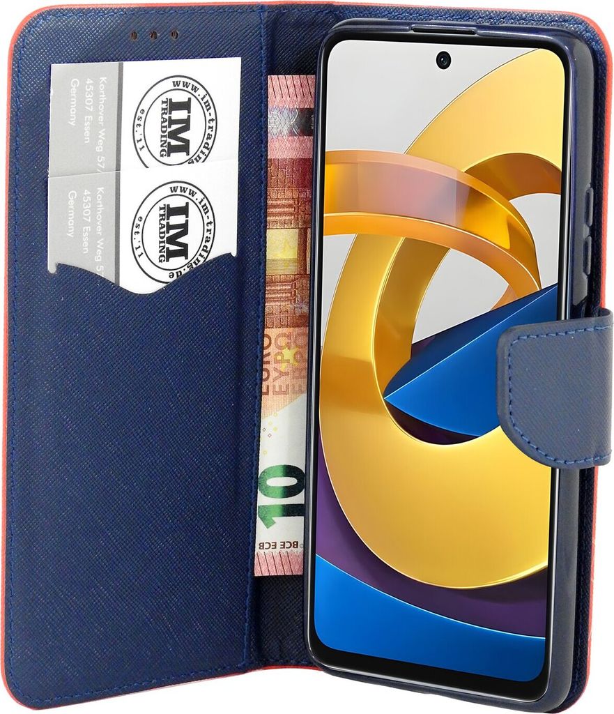 Buch Tasche "Fancy" kompatibel mit XIAOMI POCO M4 PRO 5G Handy Hülle Etui Brieftasche Schutzhülle mit Standfunktion, Kartenfach Rot-Blau