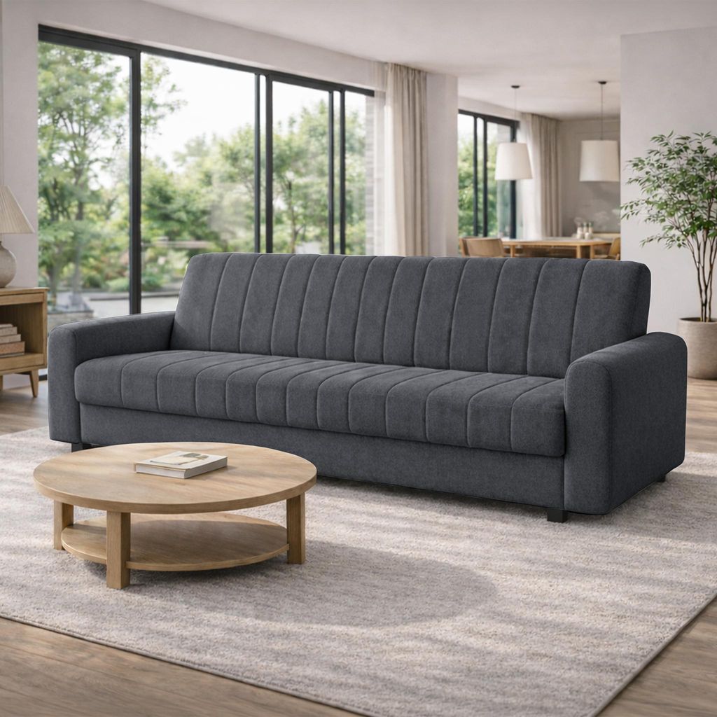 Sofa PIXI, Wohnzimmer, modernes Schlafsofa Couch 3-Sitzer Sofa freistehendes Polstersofa Bettkasten 232 cm KLIK-KLAK-Mechanismus Grau Skaga 01