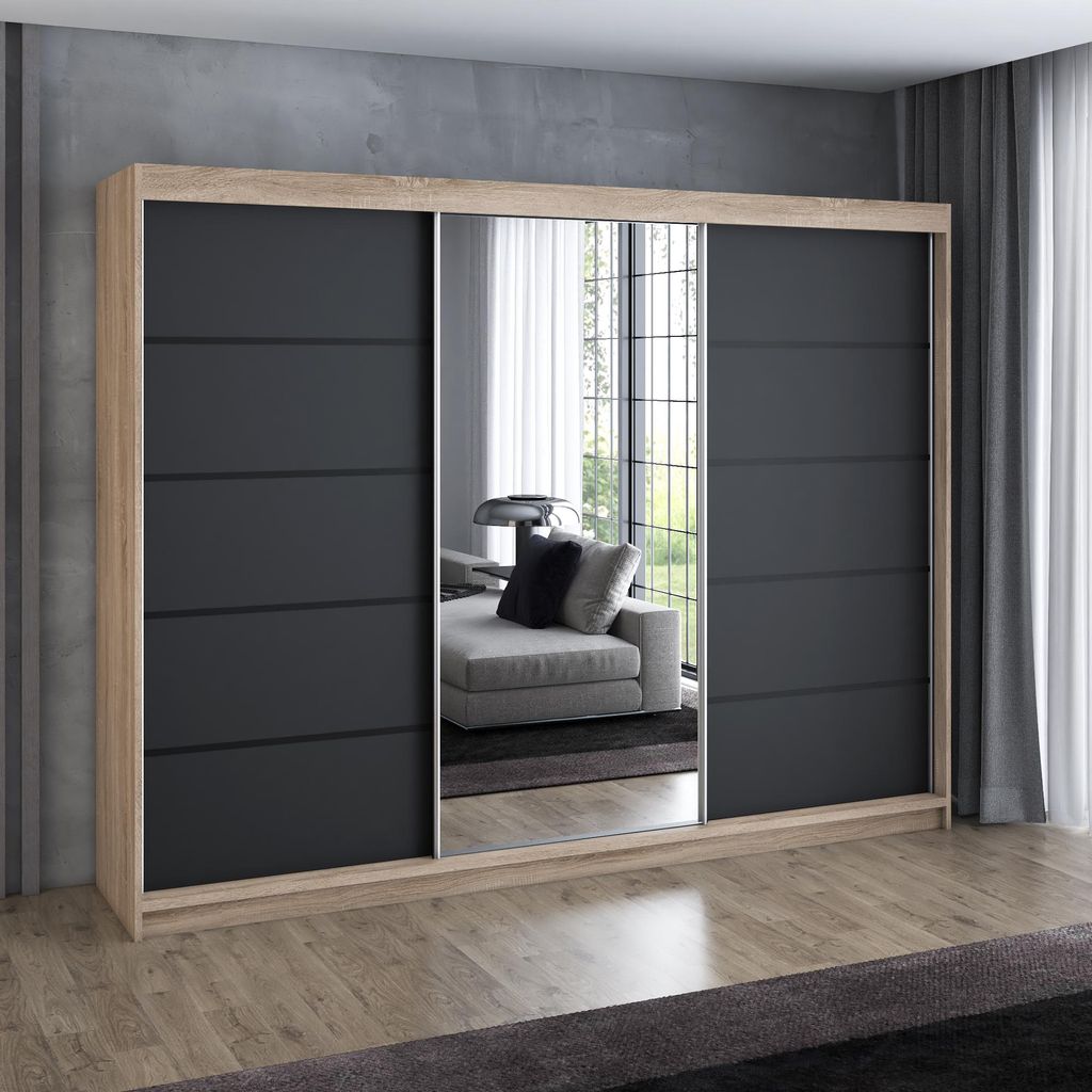Schwebetürenschrank 200 cm, 3-türig, mit Spiegel & 4 Schubladen, Retro-Stil, Kleiderschrank VILUNO 2 in Sonoma / Schwarz / Schwarz