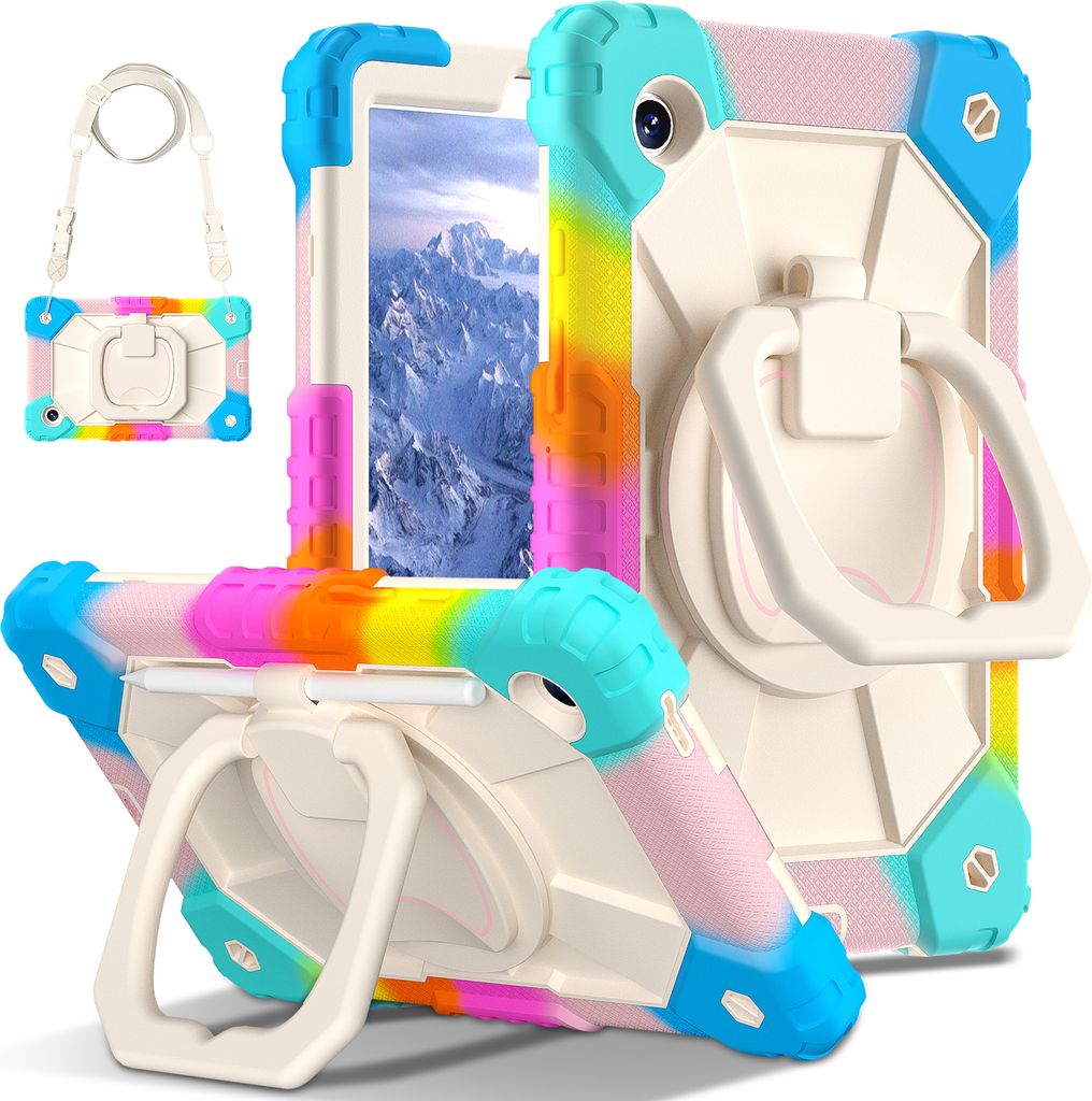 Hülle für Samsung Galaxy Tab A9 2023 8,7 Zoll SM-X110/X115/X117 Robuste Tragbare Schutzhülle mit Ständer, Handgurt und Schultergurt Bunt Pink