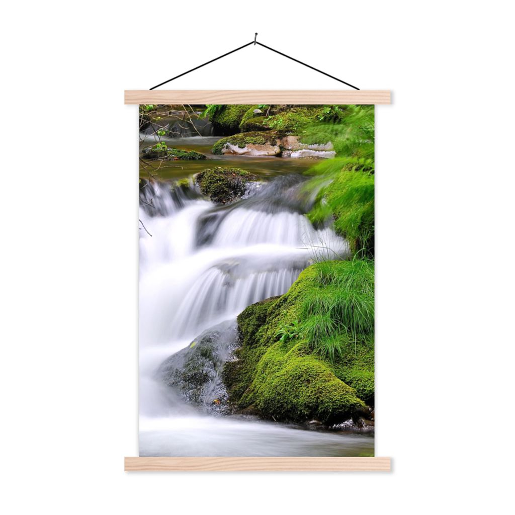 MuchoWow Textilposter Wasser - Natur - Wasserfall 60x90 cm mit holzfarbenen Rahmen - Textil