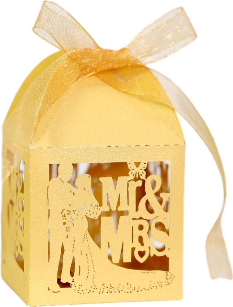 50 Pack Laser Cut Mr & Mrs Square Favor Boxen für Hochzeit Brautparty, Hochzeit Party Dekoration Schokolade Süßigkeiten Boxen mit Band