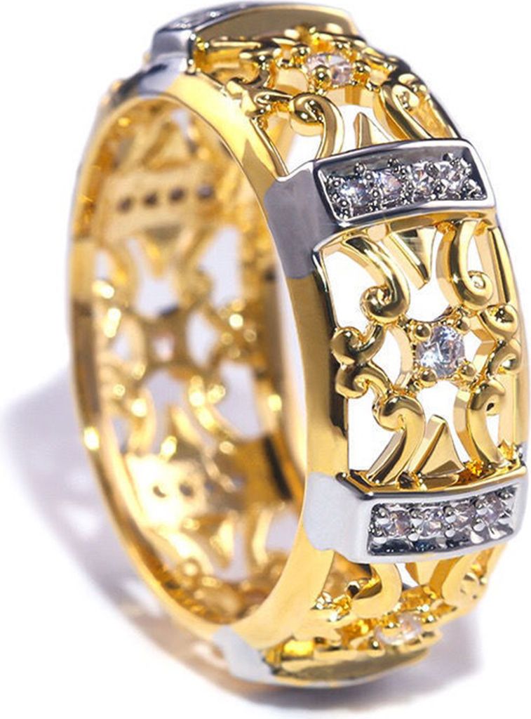 Frauen Ring Vintage Stil Hohl Carving Zwei-ton Alte Bling Zirkonia Damen Finger Ring Mode Schmuck-Golden,US 7