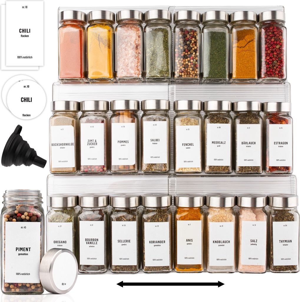 2er Set Gewürzregal Schublade aus Stahl mit 24 Gewürzdosen, 144 Etiketten, Trichter - DECO HAUS (Stahl)