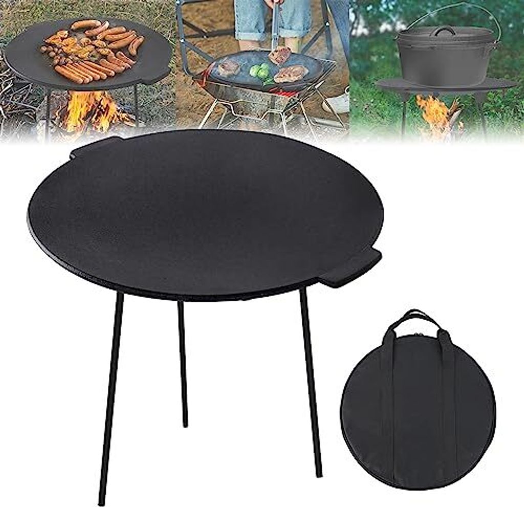 NAIZY Gusseisen Grillpfanne Abnehmbar mit 3 Beinen, Ø45cm Rund Dreibein Gusseisen BBQ Grillplatte mit Griff, Dutch Oven Grillwanne Grillzubehör F...