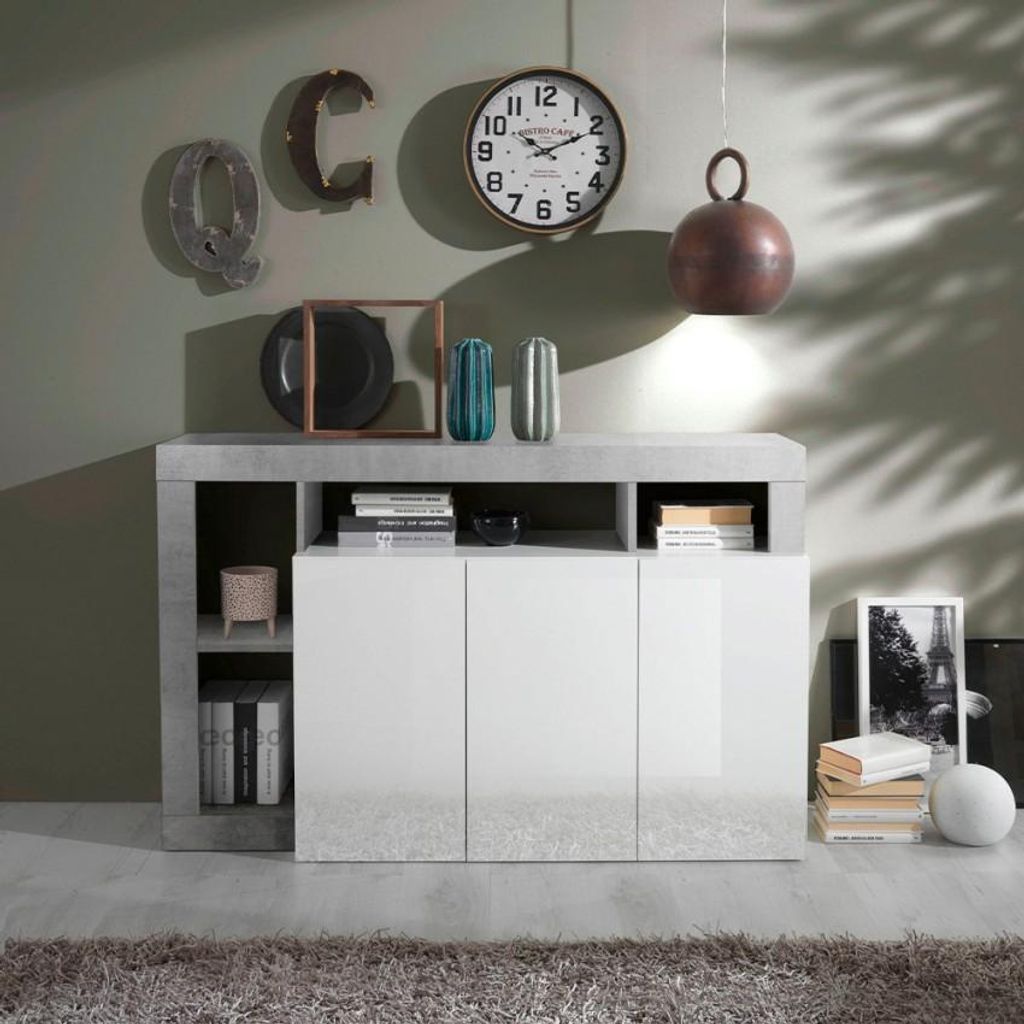 Sideboard für Wohnzimmer 3 Türen Hochglanz Weiß 146cm Beton Hailey BC