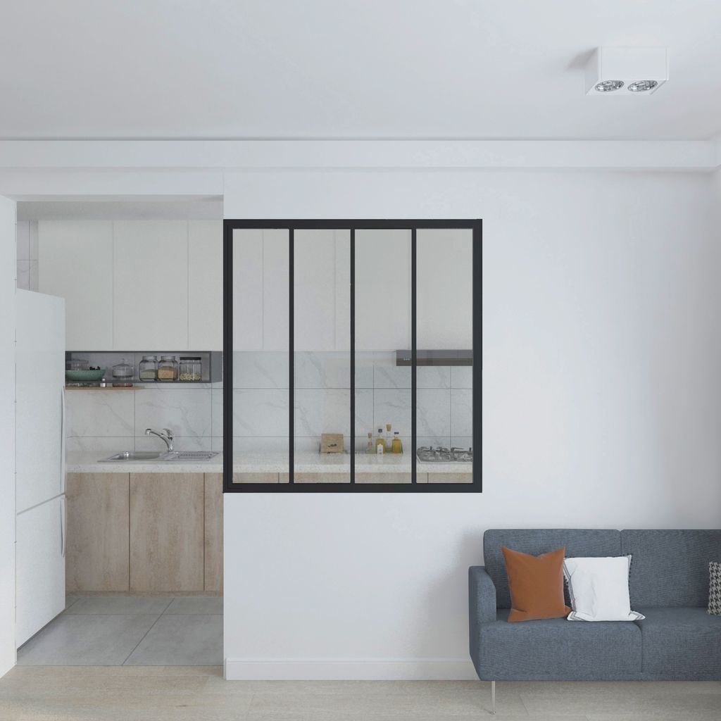 Innenfenster 4-teilig, 123x130 cm, Stahl Schwarz, Glas klar, Industriestil, Loftstil