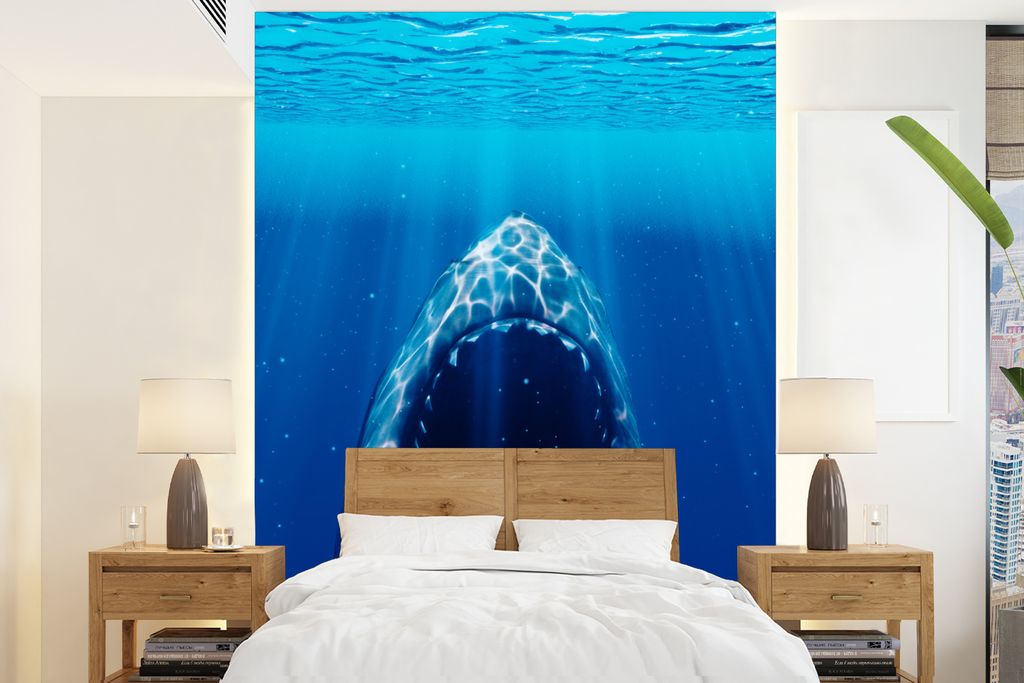 MuchoWow Fototapete für Wohnzimmer oder Schlafzimmer Wandtapete Vinyl Motivtapete Der Hai fletscht seine Zähne - 190x260 cm - Papiertapete