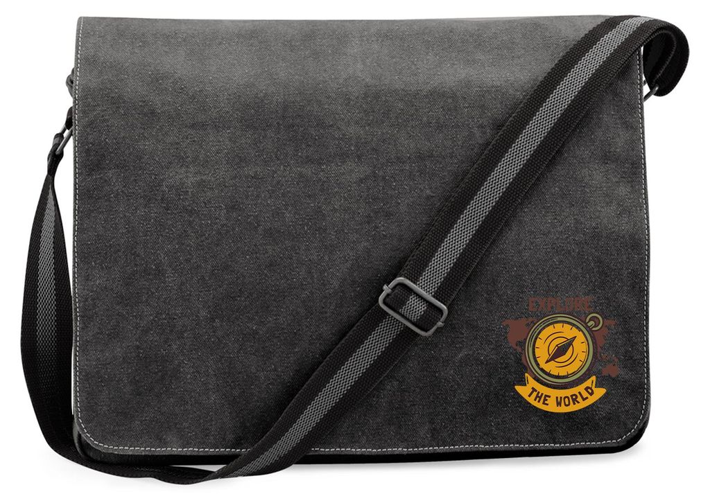 Huuraa Umhängetasche Explore the world Kompass 14 Liter Black Canvas Laptoptasche Geschenkidee