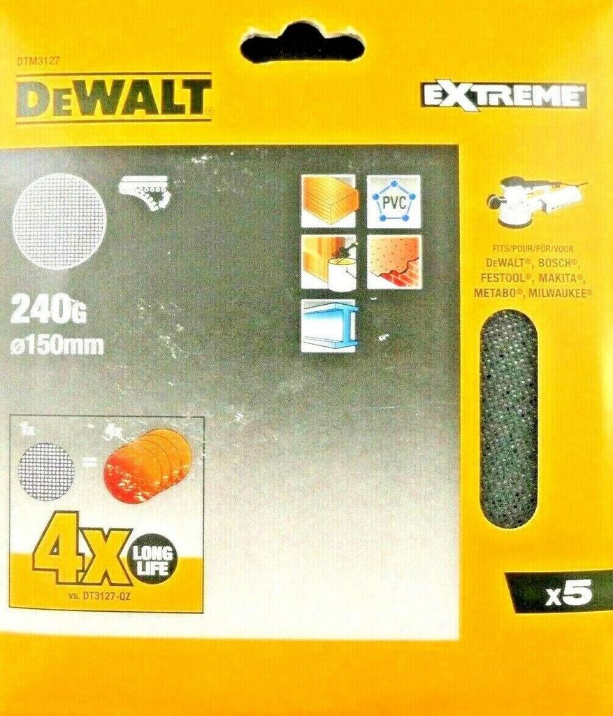 5 DeWalt Exzenter Schleifscheiben Ø 150 mm 240 G Schleifgitter Klettfix DTM3127
