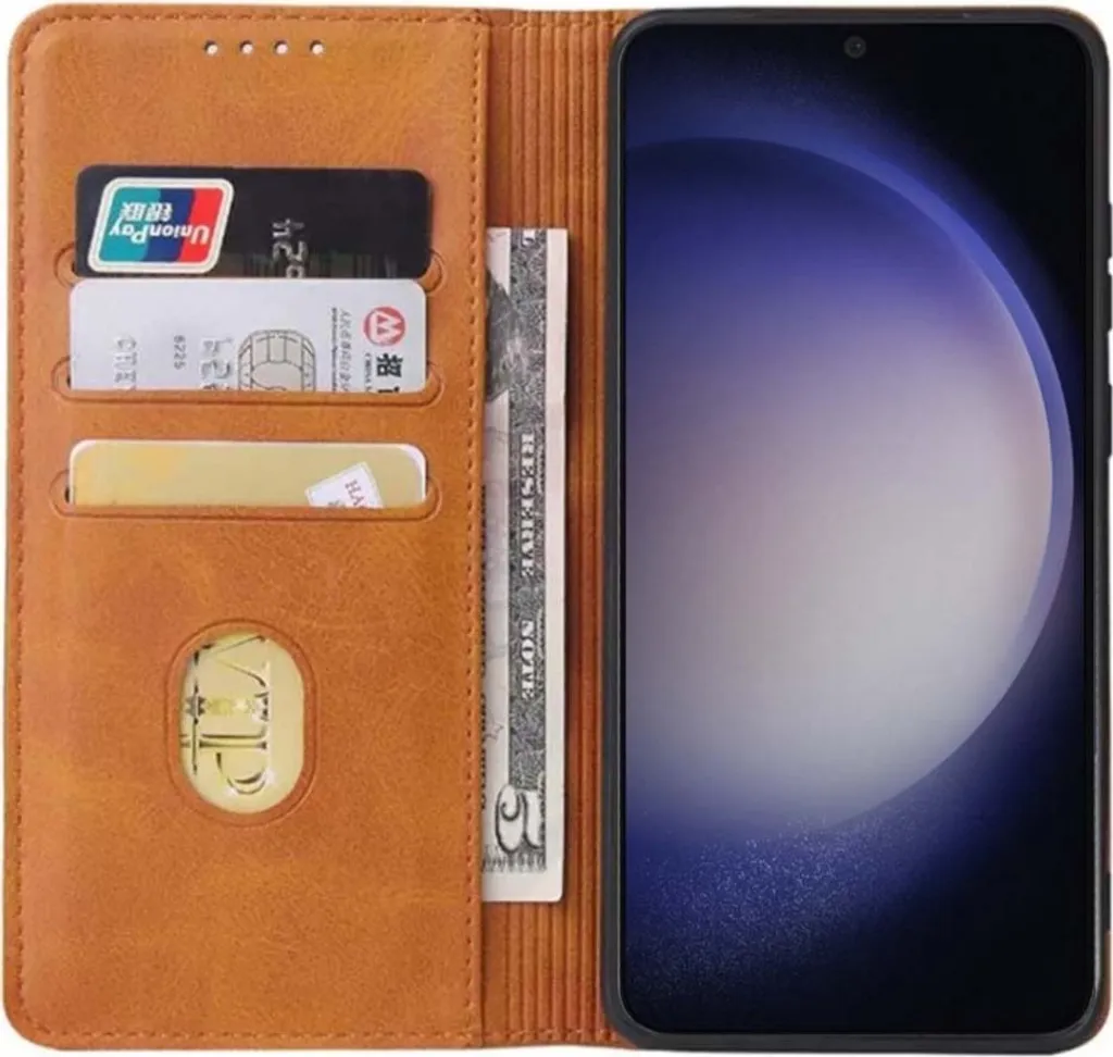 Smartphonica Samsung Galaxy S23 Plus custodia in ecopelle con chiusura magnetica e portacarte a libro - Marrone