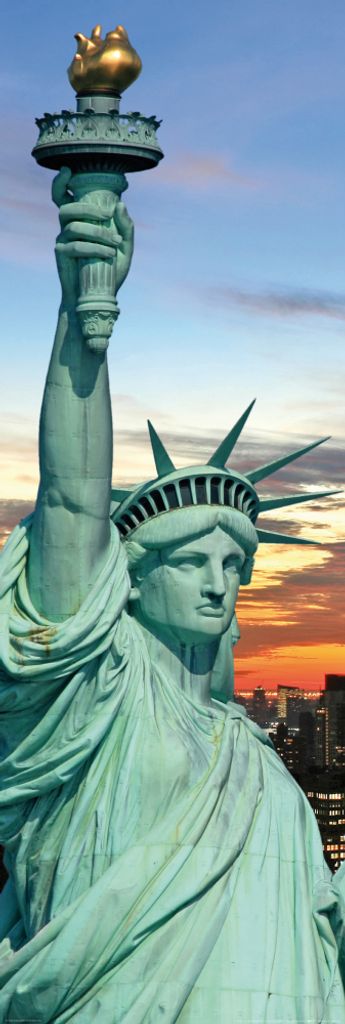 New York Kunstdruck Bild - Freiheitsstatue Und Skyline Bei Sonnenuntergang (158 x 53 cm)
