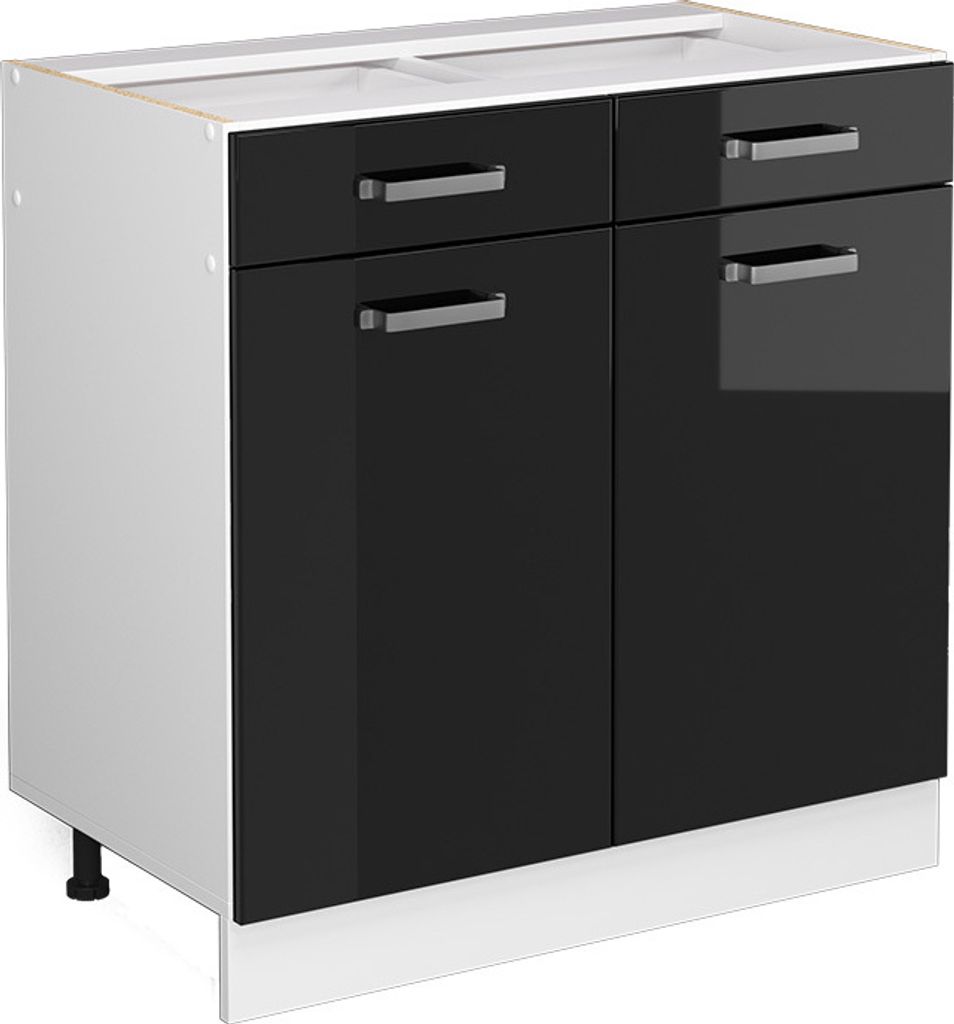 A studio shot of a black and white kitchen cabinet.