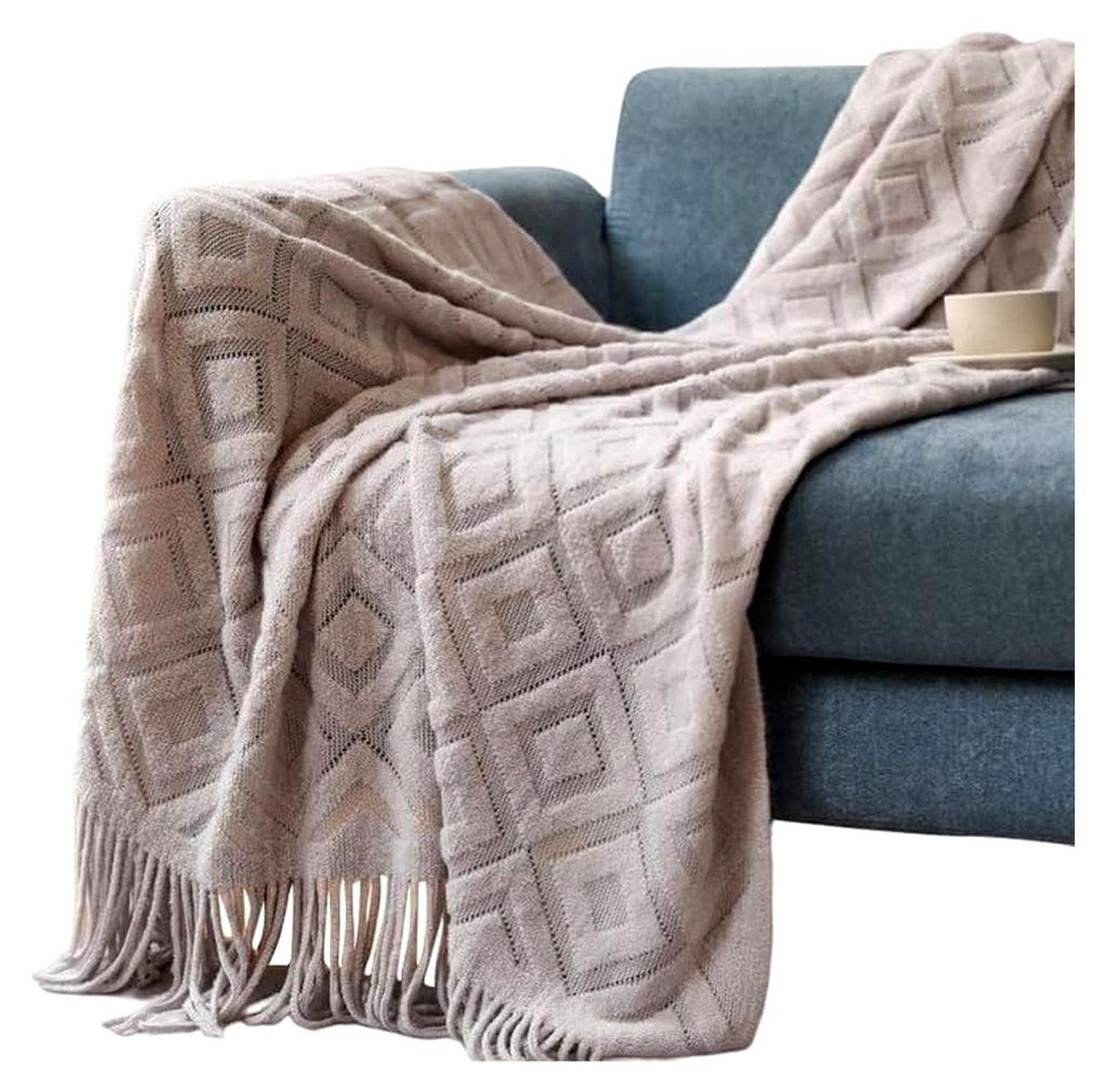 Boho Decke mit Fransen - Weiche Strick Wolldecke für Couch, Wohnzimmer, Bett und Reisen (Hellgrau)
