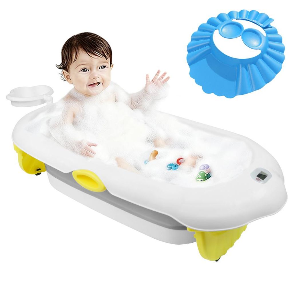 Faltbare Baby Badewanne,Baby Bathtub Babywanne Wanne mit Thermometer&Duschhaube, Badebecken Duschwanne für Neugeborene Kleinkinder 97x52x24cm(Grau)