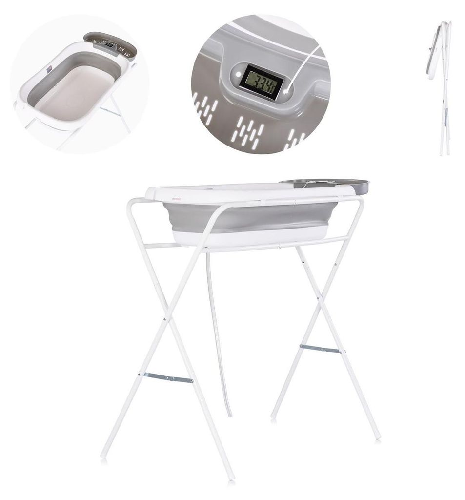 Chipolino Babybadewanne-Set Slim, Ständer 90 cm, Ablage, klappbar, Thermometer grau